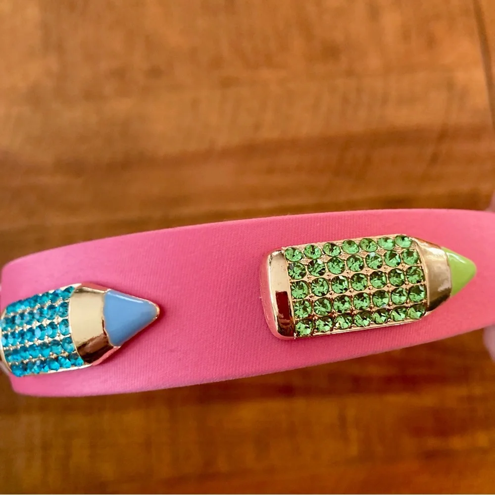 NEW Piper K Pink Fabric Headband w/ Yellow Green Blue Pink Rhinestone Pencils